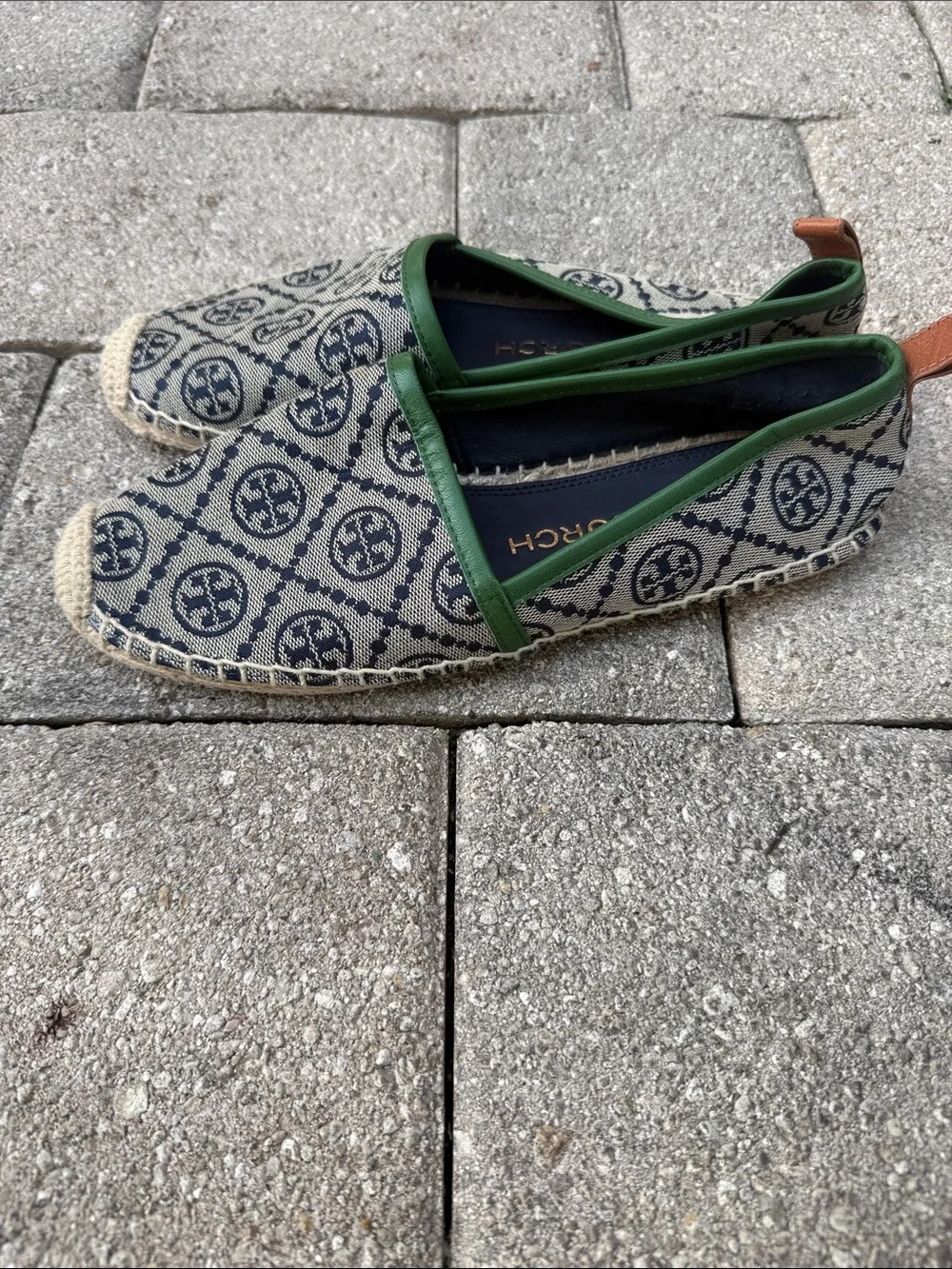 Tory Burch Navy Logo Canvas Espadrilles with Green Trim